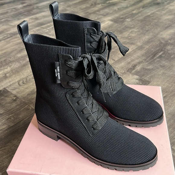 kate spade NEW Black Lace Up Boots with Knit Upper & leather trim size 8 - Picture 1 of 11